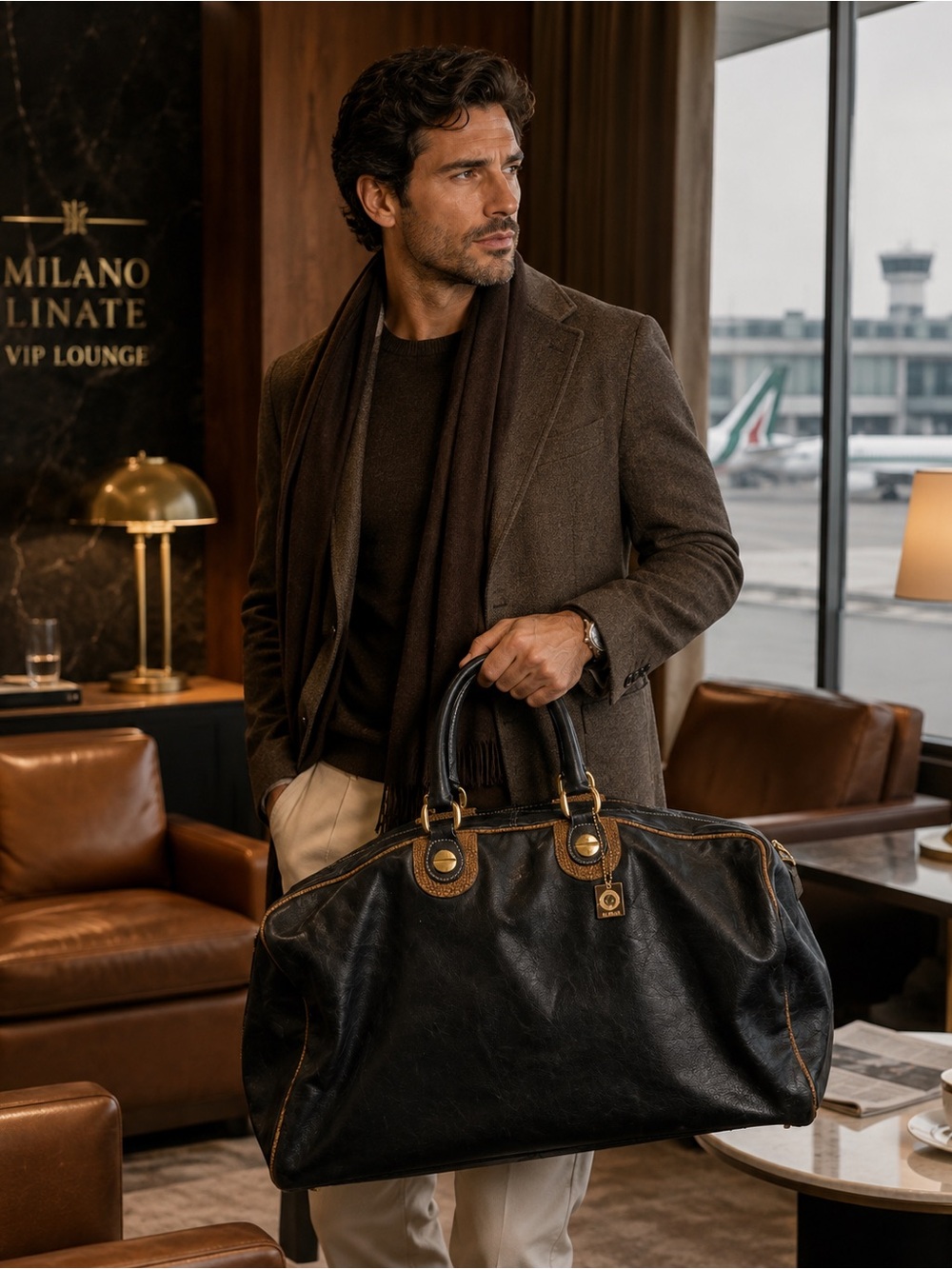 Borbonese Vintage Boston Travel / Weekender Bag – Black & Brown